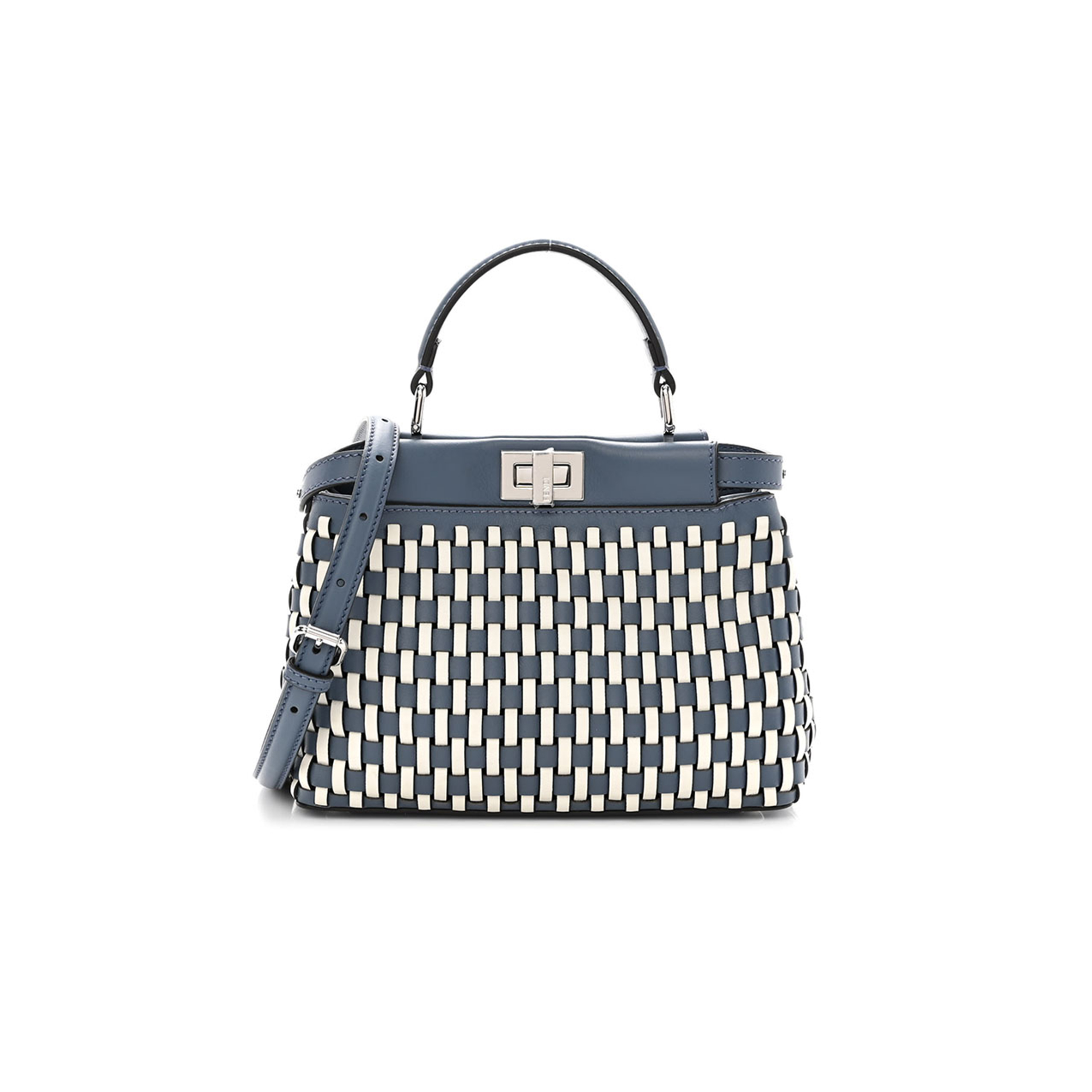 FENDI CALFSKIN WOVEN MINI PEEKABOO ICONIC SATCHEL MIRTO WHITE ICE (24*18.5*10.5cm) 